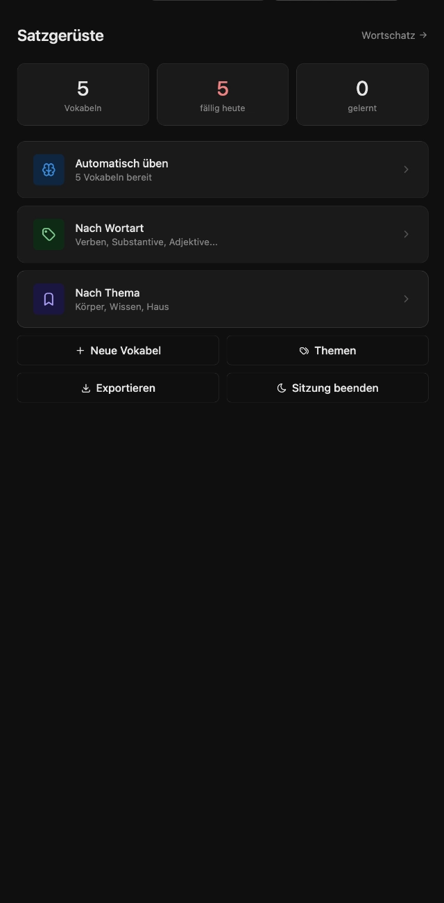 Satzgerüste home screen: choose automatic study or add new word definitions.