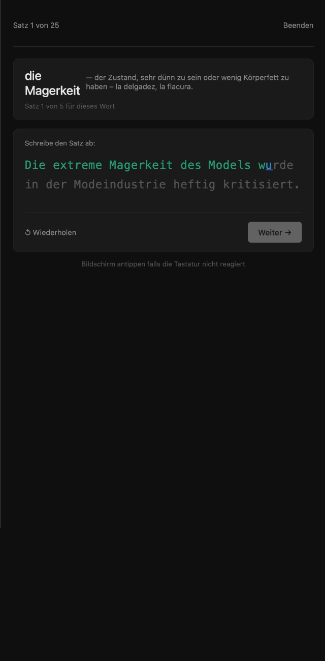 Satzgerüste typing screen: retyping the proposed sentence, with the German definition and a short Spanish gloss.