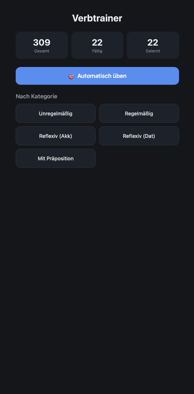 Verbtrainer home screen: choosing a learning mode.
