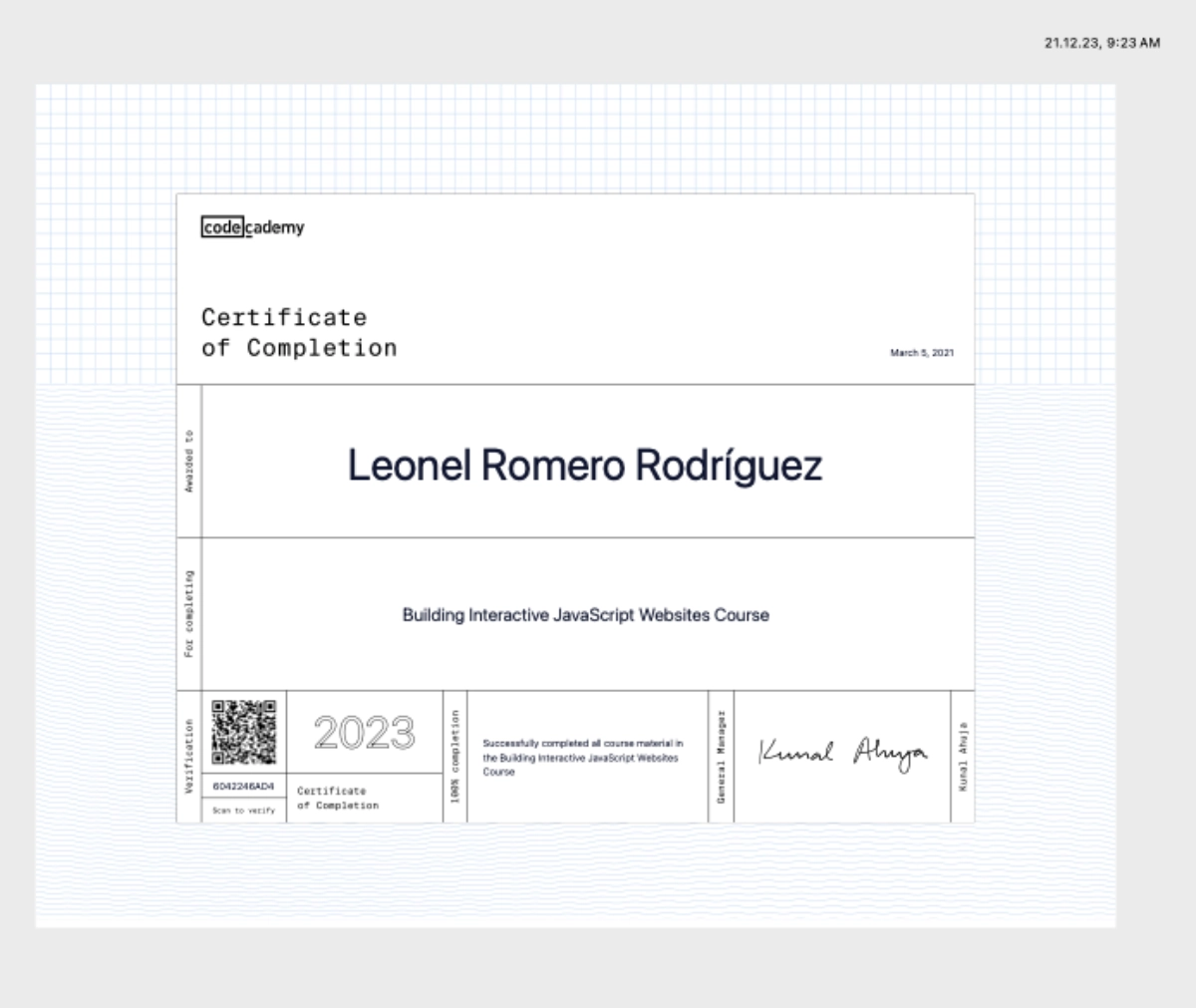 JavaScript certificate, Codecademy.