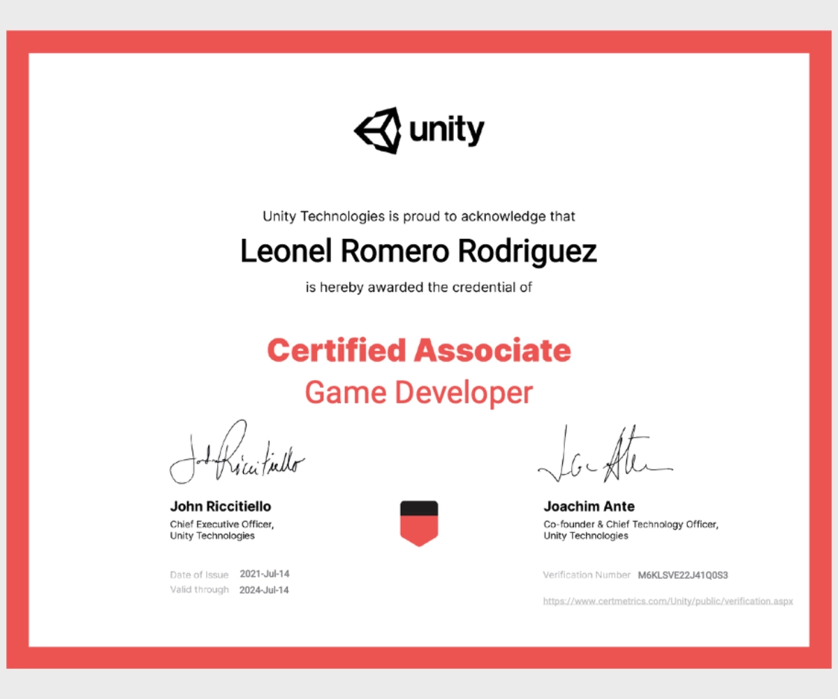 Unity Certified Associate: Game Developer — covering the full ecosystem of game development.